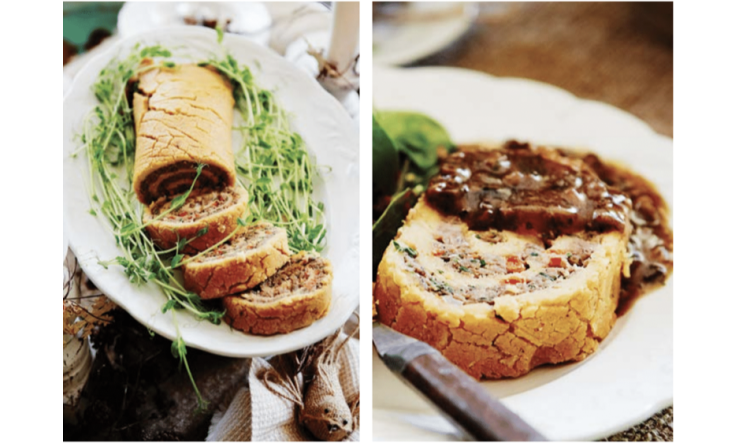 Roulade farcie de marrons sauce aux champignons