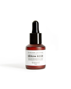 Bouteille de 15 ml, le Sérum Rose de Maison Jacynthe est à base d'actifs raffermissants, antirides & hydratants.